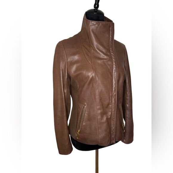 Tahari Lamb Leather Brown Moto Jacket sz M - Picture 15 of 15